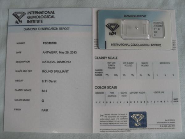 Diamant im Brillantschliff 0.11 ct / SI2 / G / Fair / mit IGI Report