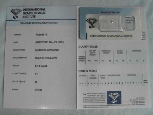Diamant im Brillantschliff 0.12 ct / I1 / G / Poor / mit IGI Report