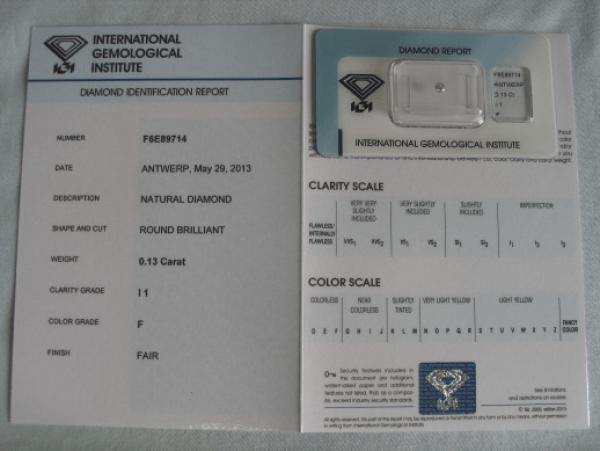 Diamant im Brillantschliff 0.13 ct / I1 / F / Fair / mit IGI Report