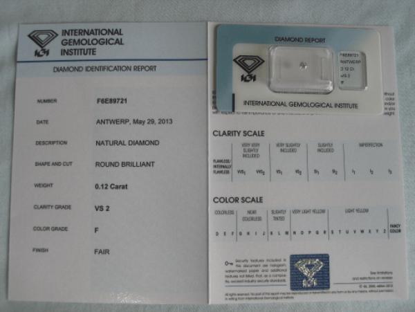 Diamant im Brillantschliff 0.12 ct / VS2 / F / Fair / mit IGI Report