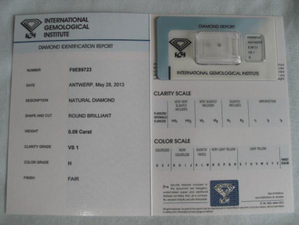 Diamant im Brillantschliff 0.08 ct / VS1 / H / Fair / mit IGI Report
