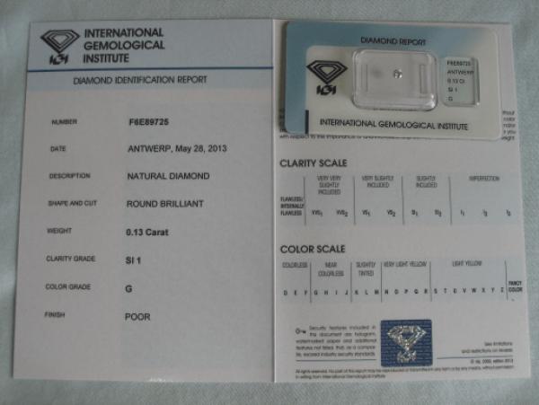 Diamant im Brillantschliff 0.13 ct / SI1 / G / Poor / mit IGI Report