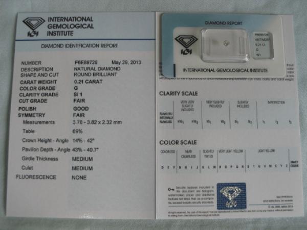 Diamant im Brillantschliff 0.21 ct / SI1 / G / F / G / F / mit IGI Report