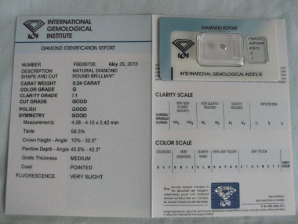 Diamant im Brillantschliff 0.24 ct / I1/ G / G / G / G / mit IGI Report