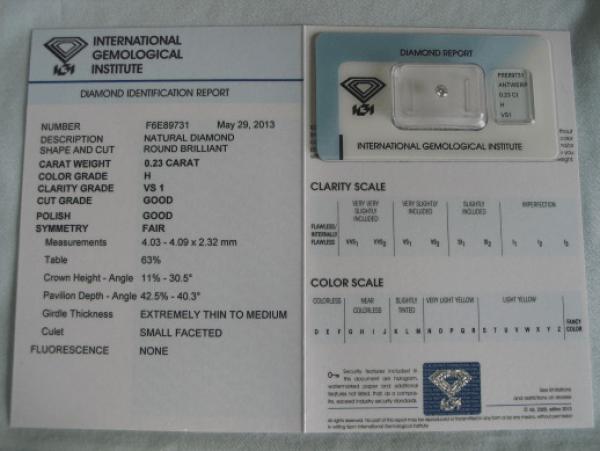 Diamant im Brillantschliff 0.23 ct / VS1 / H / G / G / F / mit IGI Report