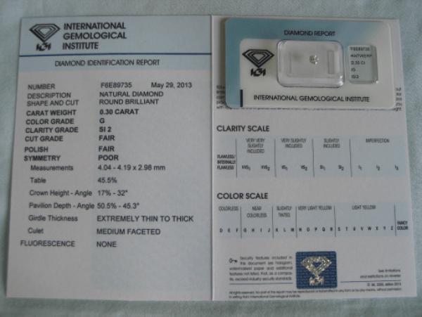 Diamant im Brillantschliff 0.30 ct / SI2 / G / F / F / P / mit IGI Report