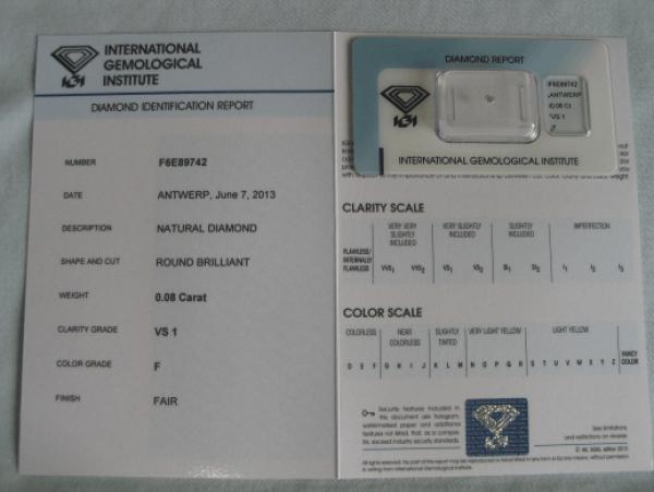 Diamant im Brillantschliff 0.08 ct / VS1 / F / Fair / mit IGI Report