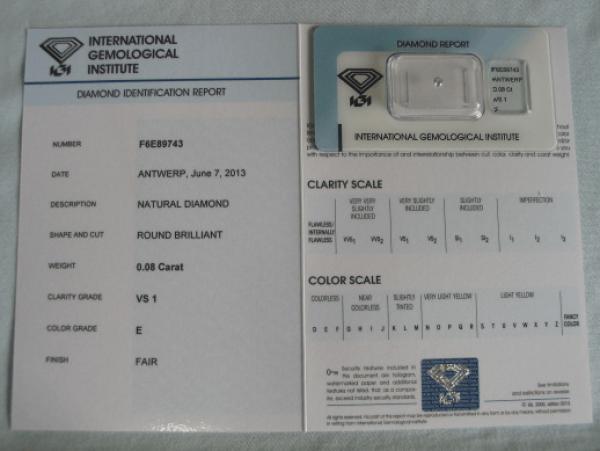 Diamant im Brillantschliff 0.08 ct / VS1 / E / Fair / mit IGI Report