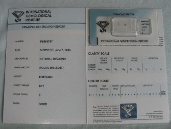 Diamant im Brillantschliff 0.08 ct / SI1 / E / Good / mit IGI Report