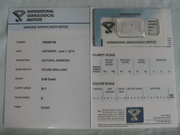 Diamant im Brillantschliff 0.08 ct / SI1 / E / Good / mit IGI Report