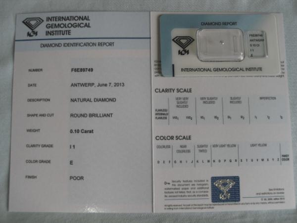 Diamant im Brillantschliff 0.10 ct / I1 / E / Poor / mit IGI Report