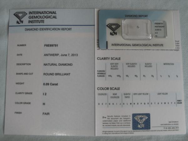 Diamant im Brillantschliff 0.09 ct / I2 / H / Fair / mit IGI Report