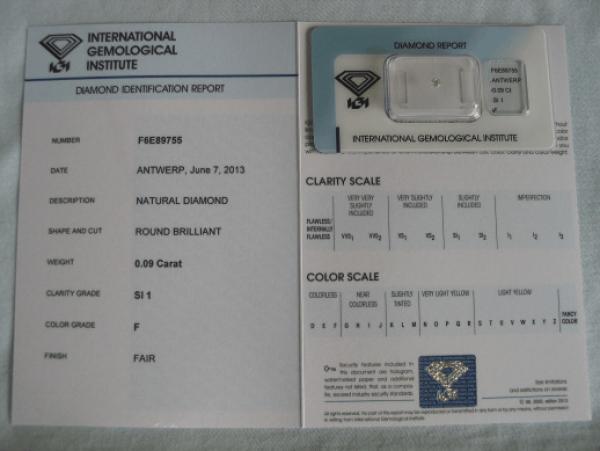 Diamant im Brillantschliff 0.09 ct / SI1 / F / Fair / mit IGI Report