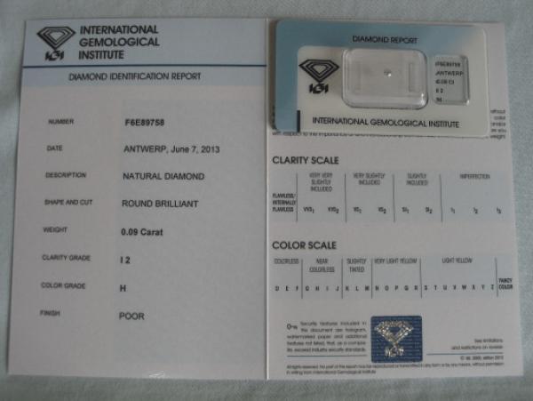 Diamant im Brillantschliff 0.09 ct / I2 / H / Poor / mit IGI Report