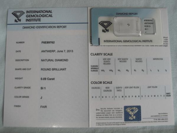 Diamant im Brillantschliff 0.09 ct / SI1 / J / Fair / mit IGI Report