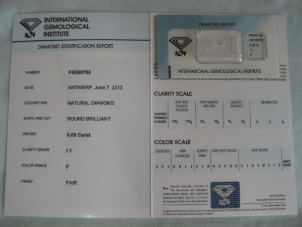 Diamant im Brillantschliff 0.09 ct / I1 / F / Fair / mit IGI Report