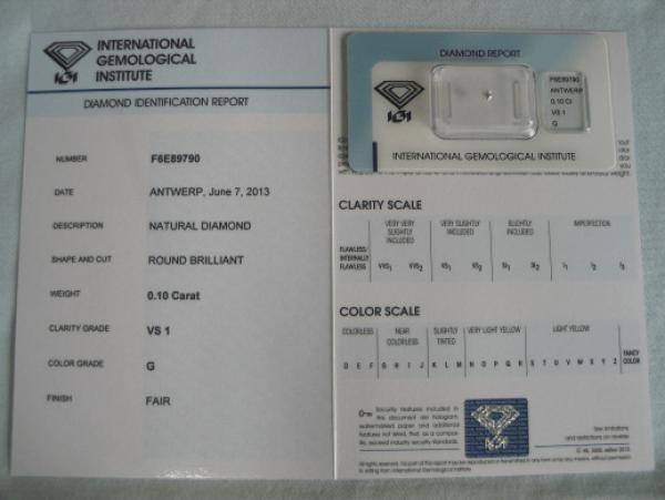 Diamant im Brillantschliff 0.10 ct / VS1 / G / Fair / mit IGI Report