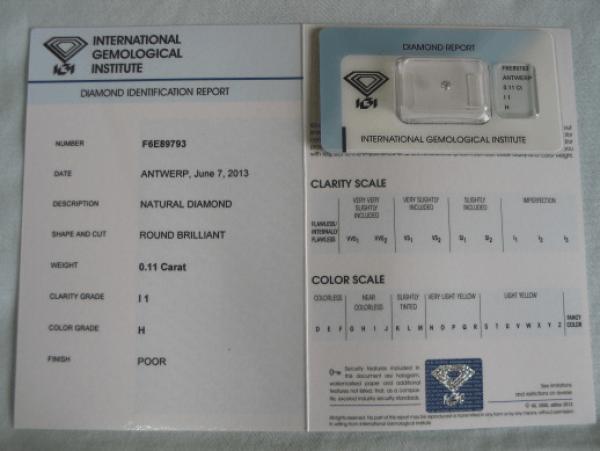 Diamant im Brillantschliff 0.11 ct / I1 / H / Poor / mit IGI Report