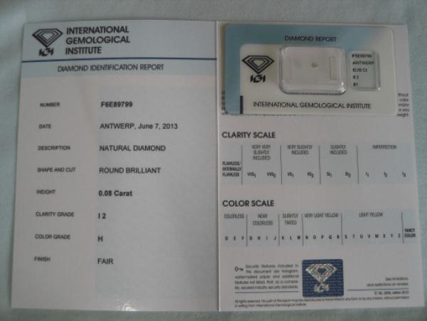 Diamant im Brillantschliff 0.08 ct / I2 / H / Fair / mit IGI Report