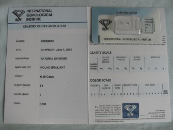 Diamant im Brillantschliff 0.10 ct / I1 / I / Fair / mit IGI Report