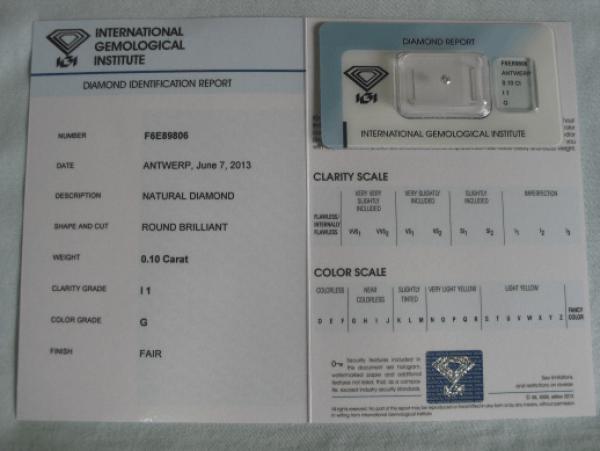 Diamant im Brillantschliff 0.10 ct / I1 / G / Fair / mit IGI Report
