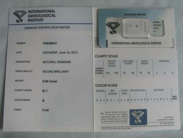 Diamant im Brillantschliff 0.05 ct / SI1 / G / Fair / mit IGI Report