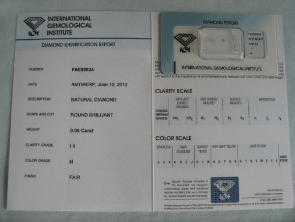 Diamant im Brillantschliff 0.06 ct / I1 / H / Fair / mit IGI Report