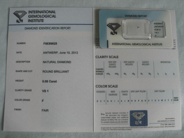 Diamant im Brillantschliff 0.06 ct / VS1 / F / Fair / mit IGI Report