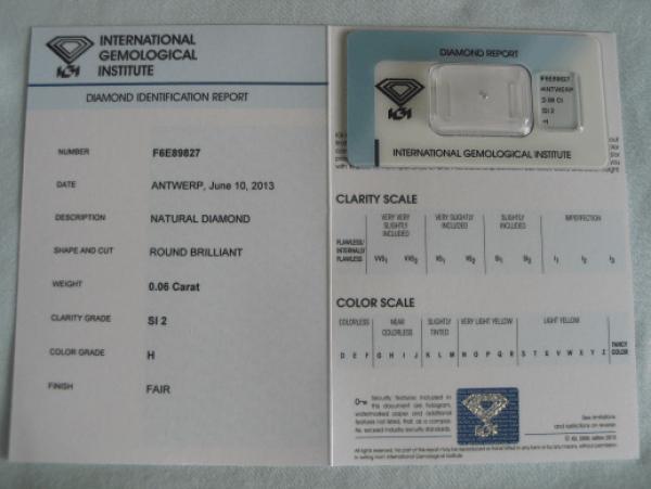 Diamant im Brillantschliff 0.06 ct / SI2 / H / Fair / mit IGI Report