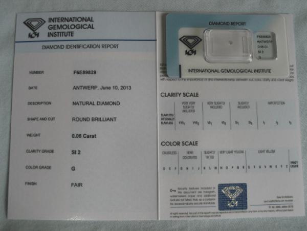 Diamant im Brillantschliff 0.06 ct / SI2 / G / Fair / mit IGI Report