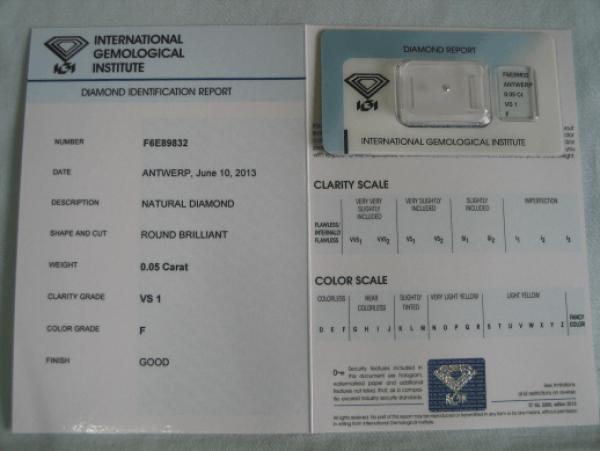 Diamant im Brillantschliff 0.05 ct / VS1 / F / Good / mit IGI Report