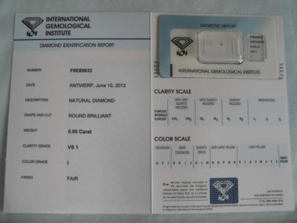 Diamant im Brillantschliff 0.05 ct / VS1 / I / Fair / mit IGI Report
