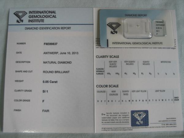 Diamant im Brillantschliff 0.05 ct / SI1 / F / Fair / mit IGI Report