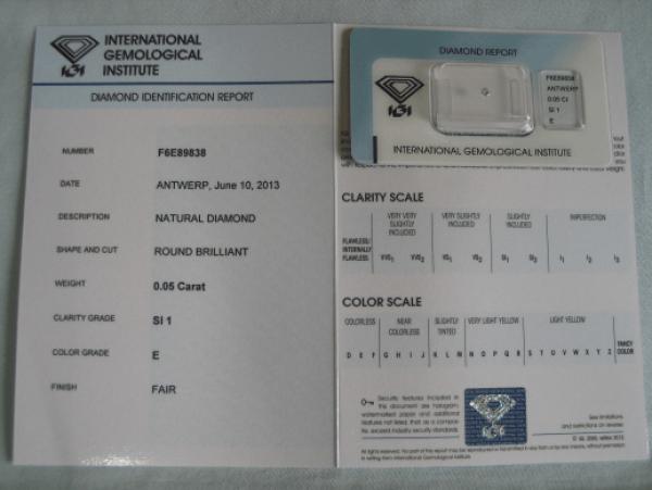 Diamant im Brillantschliff 0.05 ct / SI1 / E / Fair / mit IGI Report