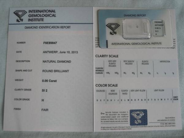 Diamant im Brillantschliff 0.06 ct / SI2 / H / Fair / mit IGI Report