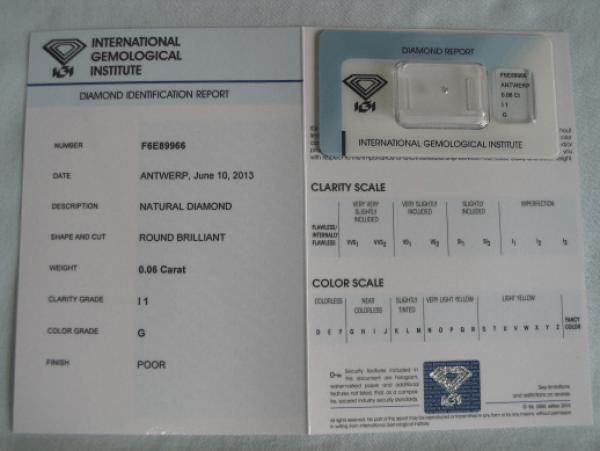 Diamant im Brillantschliff 0.06 ct / I1 / G / Poor / mit IGI Report