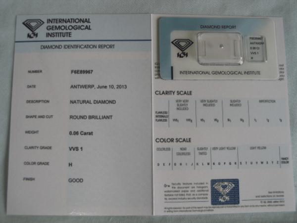 Diamant im Brillantschliff 0.06 ct / VVS1 / H / Good / mit IGI Report