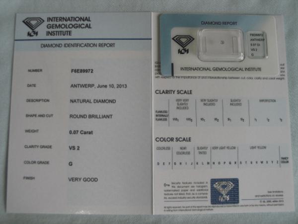 Diamant im Brillantschliff 0.07 ct / VS2 / G / Very Good / mit IGI Report