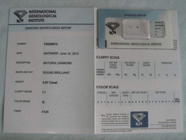 Diamant im Brillantschliff 0.07 ct / I1 / G / Fair / mit IGI Report