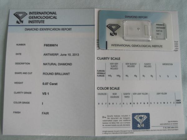 Diamant im Brillantschliff 0.07 ct / VS1 / I / Fair / mit IGI Report