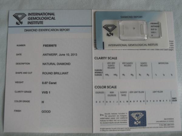 Diamant im Brillantschliff 0.07 ct / VVS1 / H / Good / mit IGI Report