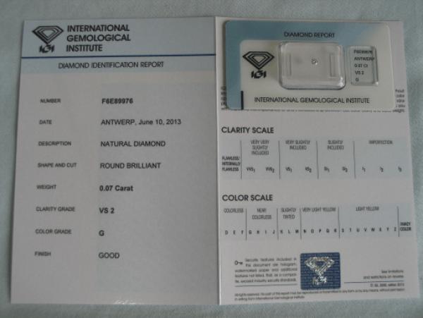 Diamant im Brillantschliff 0.07 ct / VS2 / G / Good / mit IGI Report