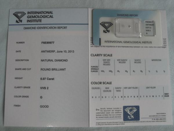 Diamant im Brillantschliff 0.07 ct / VVS2 / G / Good / mit IGI Report