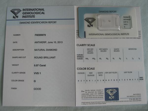 Diamant im Brillantschliff 0.07 ct / VVS1 / G / Good / mit IGI Report