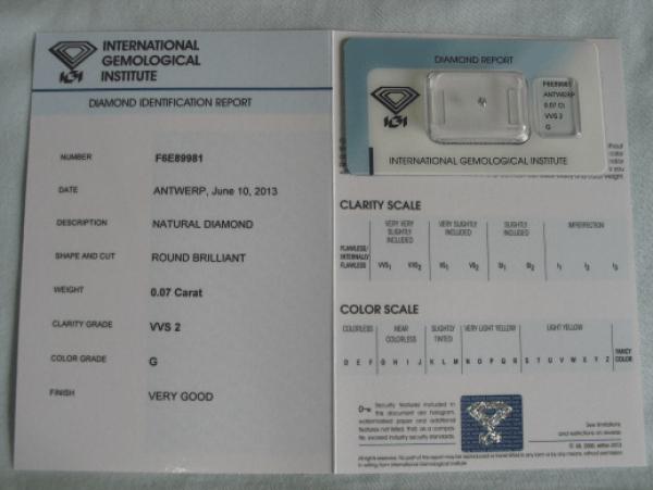 Diamant im Brillantschliff 0.07 ct / VVS2 / G / Very Good / mit IGI Report