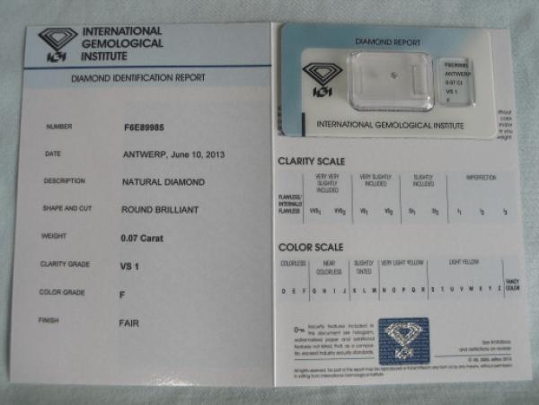 Diamant im Brillantschliff 0.07 ct / VS1 / F / Fair / mit IGI Report