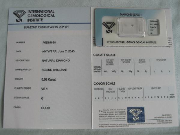 Diamant im Brillantschliff 0.06 ct / VS1 / G / Good / mit IGI Report