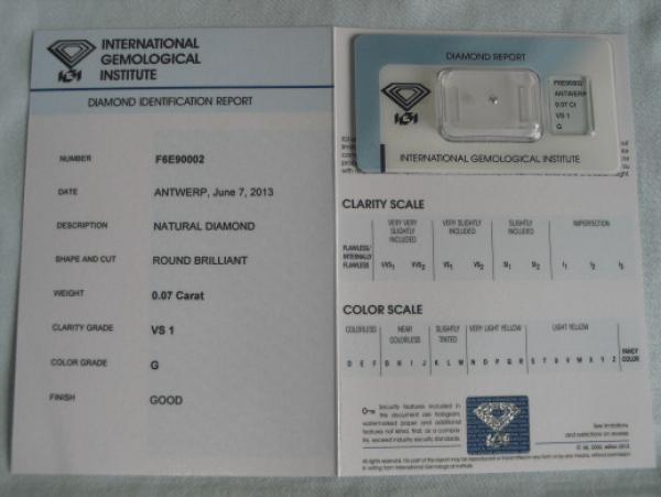Diamant im Brillantschliff 0.07 ct / VS1 / G / Good / mit IGI Report