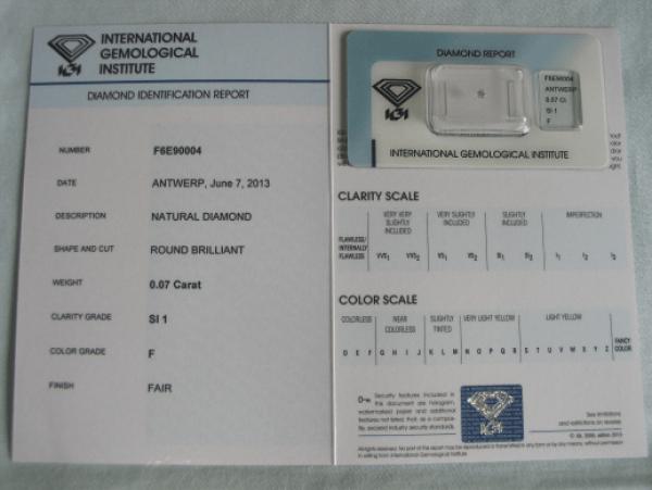 Diamant im Brillantschliff 0.07 ct / SI1 / F / Fair / mit IGI Report