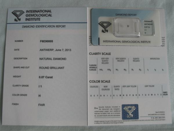 Diamant im Brillantschliff 0.07 ct / I1 / H / Fair / mit IGI Report